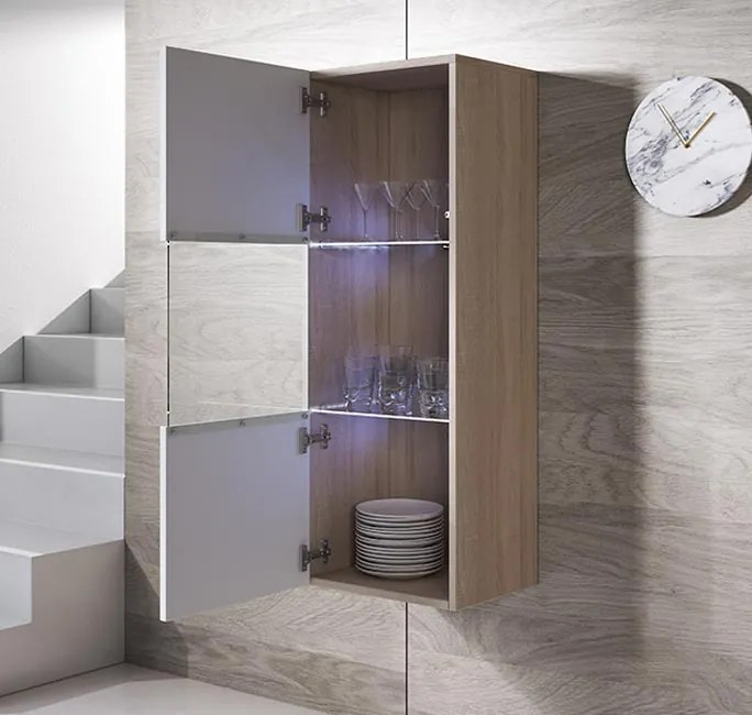 Vitrine de Parede Évora – 40x126 cm – Sonoma e Branco com LED Azul