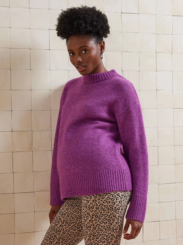 Camisola de malha jersey com gola redonda e lã para grávida. fúchsia