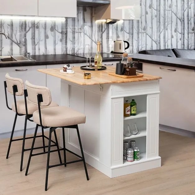Ilha de cozinha com arrumação 120 x 61 x 92 cm Bancada de madeira Gavetas Prateleiras laterais 2 portas e 3 níveis de prateleiras ajustáveis Branco
