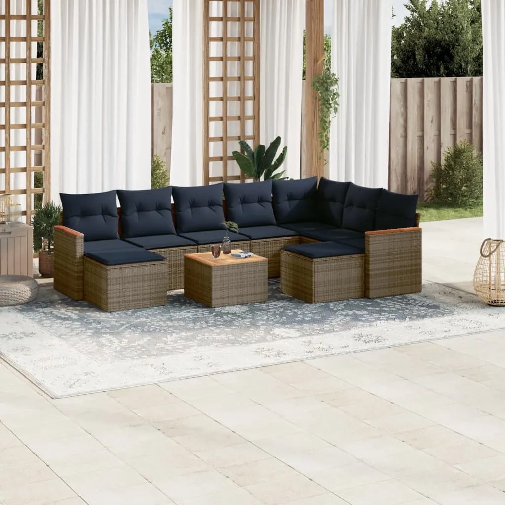 vidaXL 10 pcs conjunto sofás p/ jardim c/ almofadões vime PE cinzento