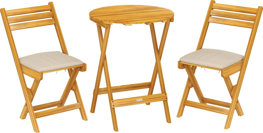 Outsunny Conjunto de móveis para varanda 3 peças em madeira certificada FSC dobrável, conjunto de jardim com mesa redonda, 2 cadeiras, almofadas respiráveis, assento ripado | Aosom Portugal