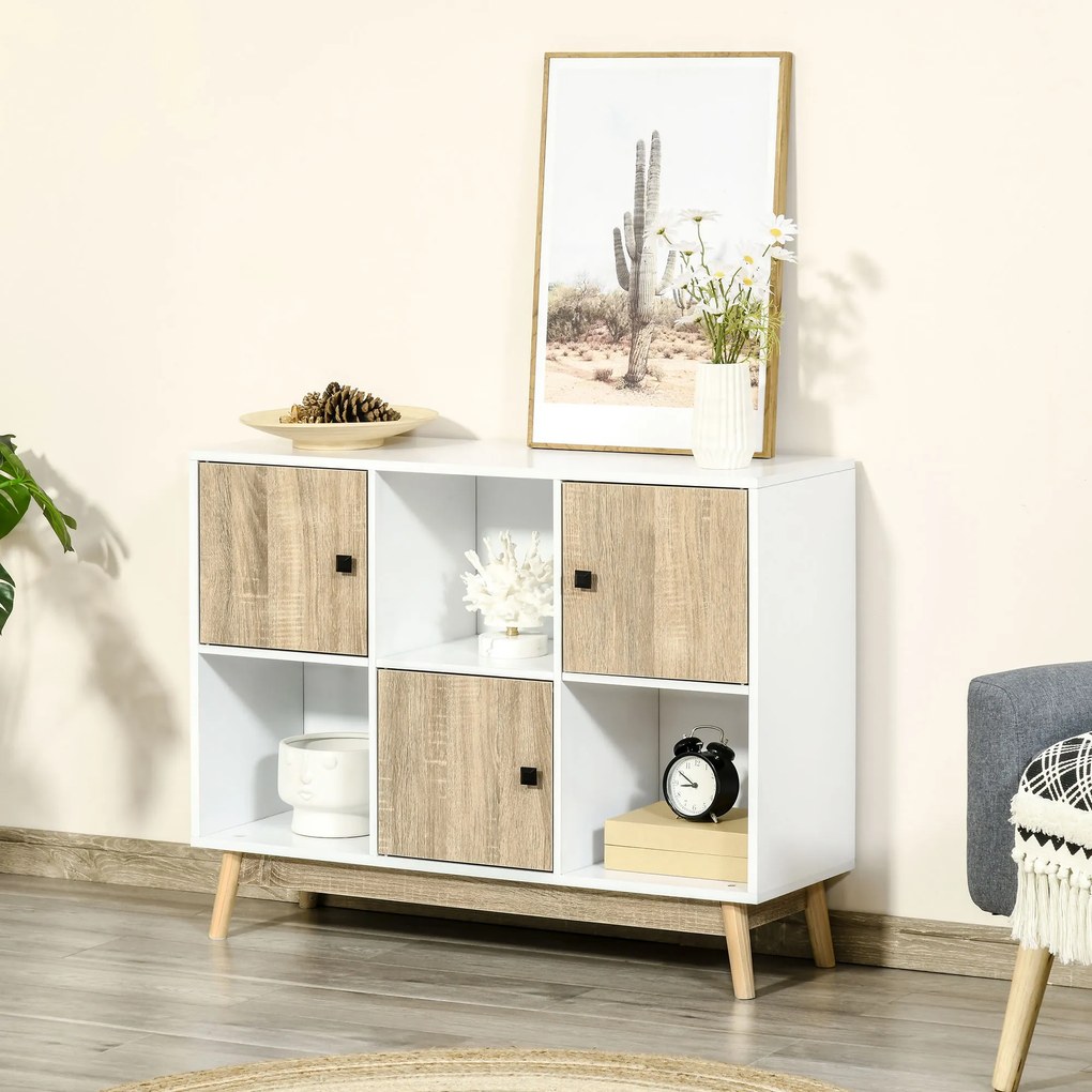 Móvel de arrumação com 9 cubos, 3 portas e 3 compartimentos abertos, pés em madeira de pinho 96 x 30 x 75 cm, branco e natural