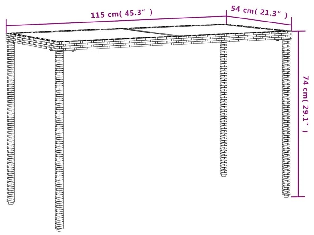 Mesa de jardim com tampo de vidro 115x54x74 cm vime PE preto