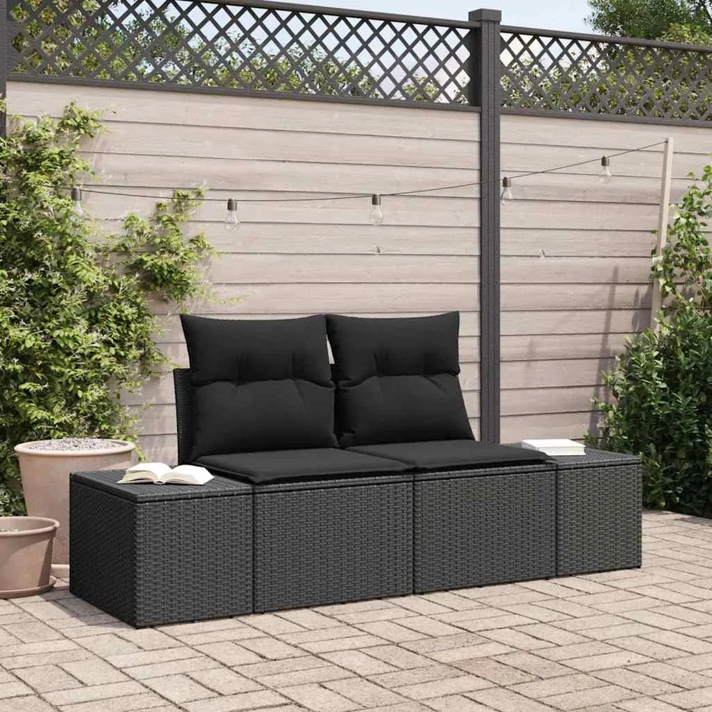vidaXL Sofá de jardim 2 lugares com almofadas, rattan plástico preto