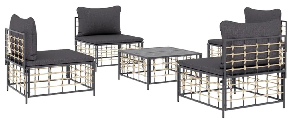5 pcs conjunto lounge de jardim c/ almofadões vime PE antracite