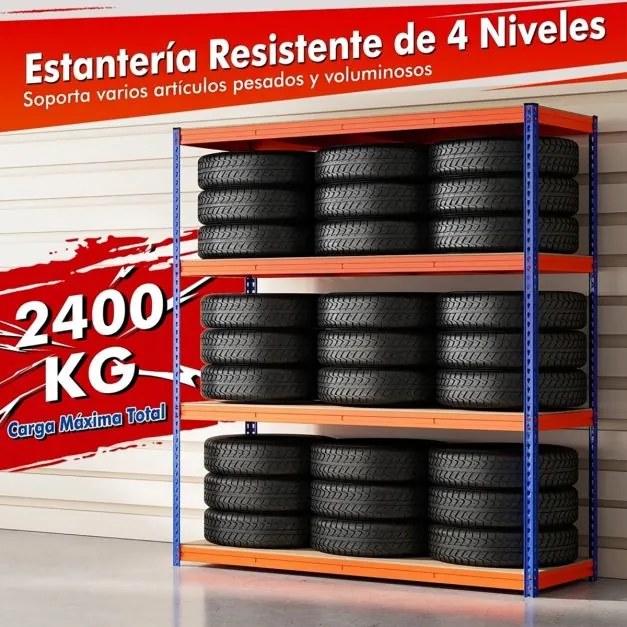 Estante metálica 181 x 61 x 203 cm multiusos de 4 níveis com prateleiras ajustáveis e capacidade para 2400 kg para casa, garagem ou cave  Laranja + Az
