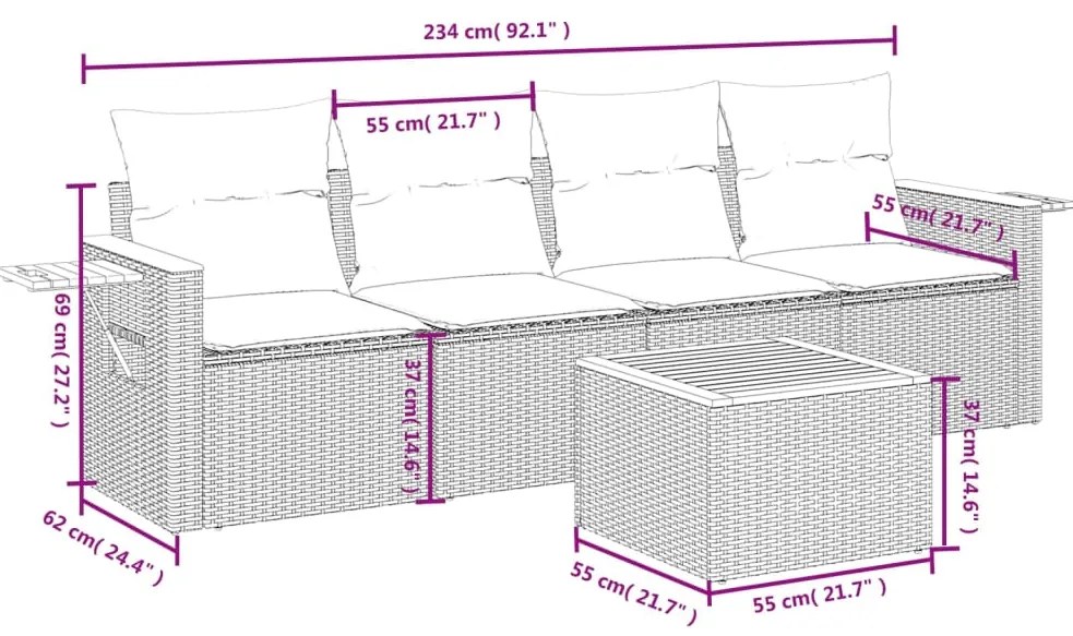 5 pcs conjunto sofás de jardim com almofadões vime PE preto