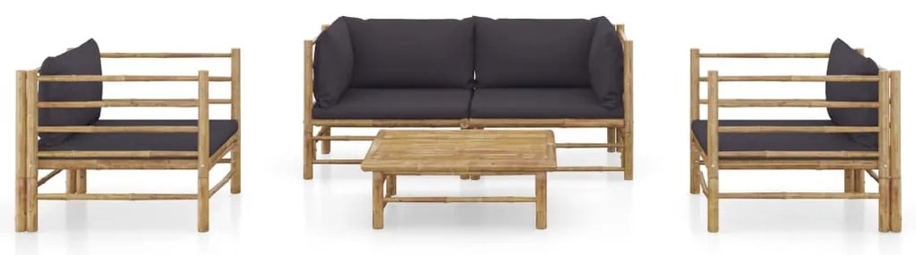 5 pcs conj. lounge jardim em bambu c/ almofadões cinza-escuro