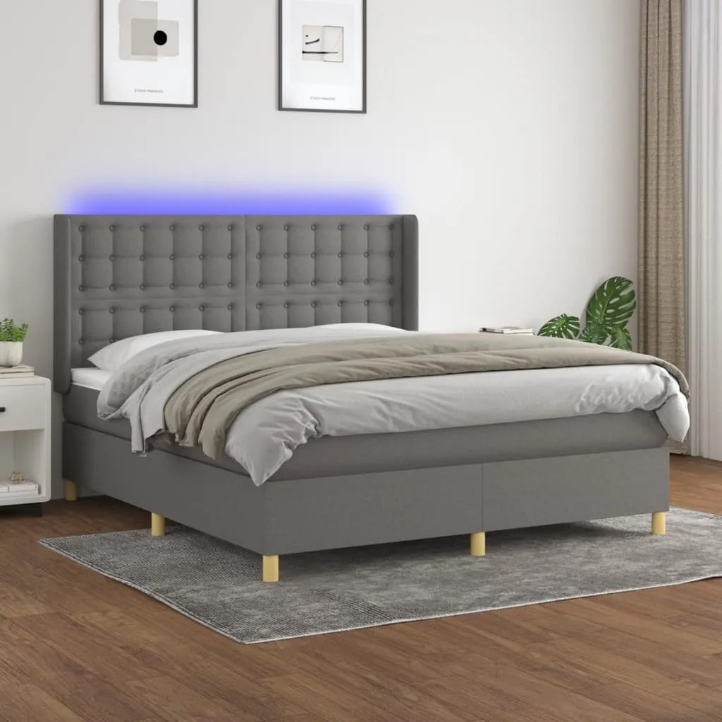 3139214 vidaXL Cama box spring c/ colchão e LED 180x200 cm tecido cinza-escuro