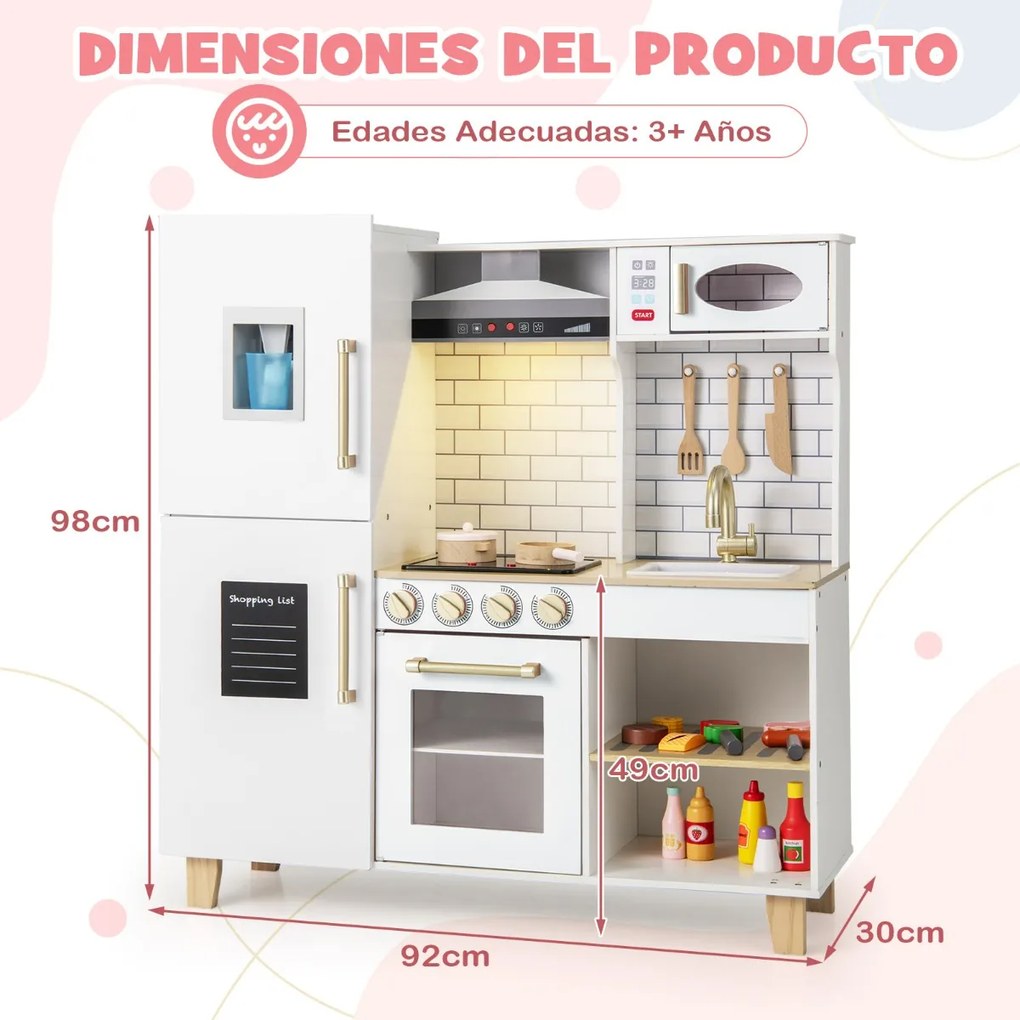 Cozinha de brincar para crianças em madeira 92 x 30 x 98 cm com luzes e sons Máquina de gelo Exaustor Quadro para crianças 3+ anos Branco
