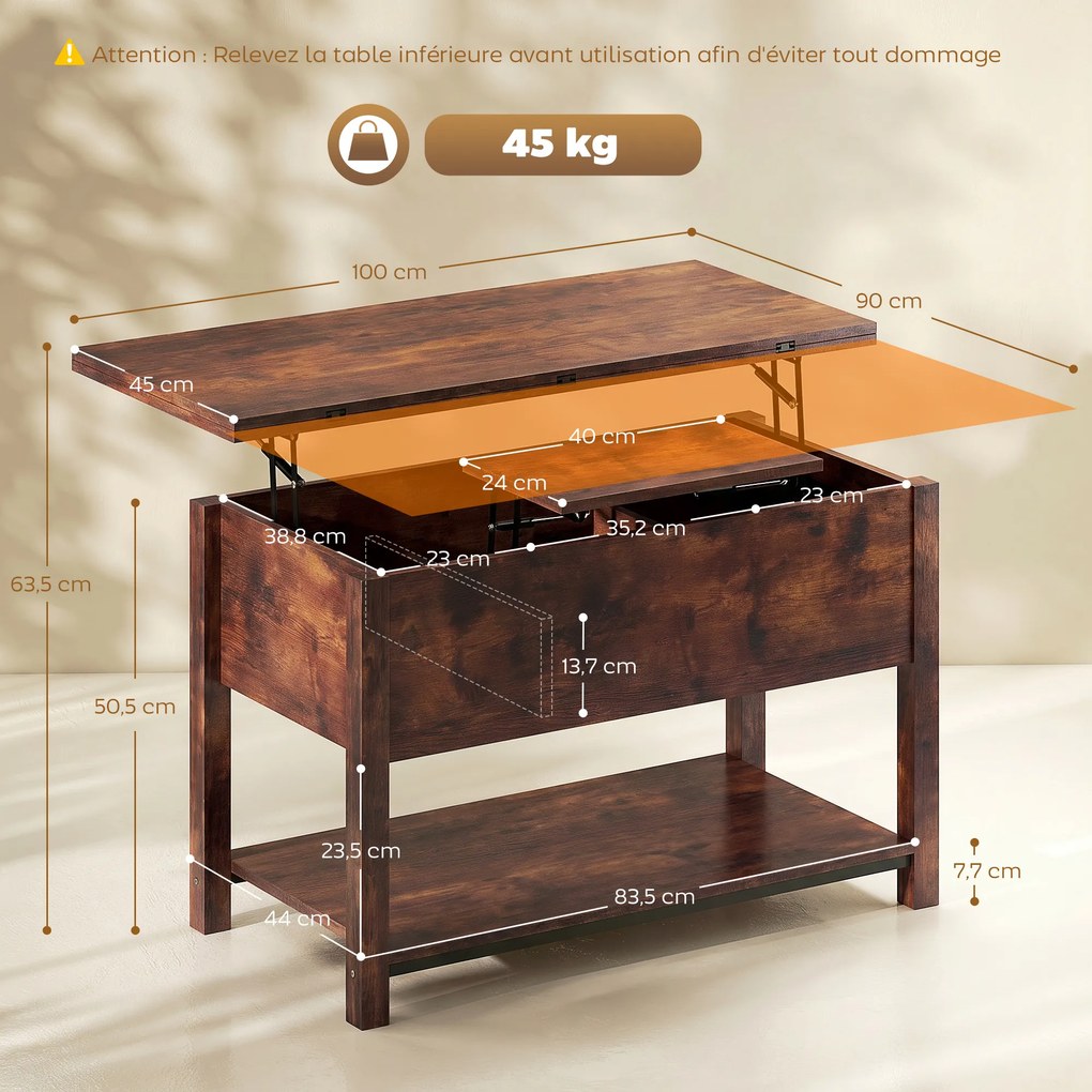 Mesa de Centro Elevável e Extensível, 100 x 90 x 63,5 cm, Tampo Duplo Ajustável, Castanho Rústico