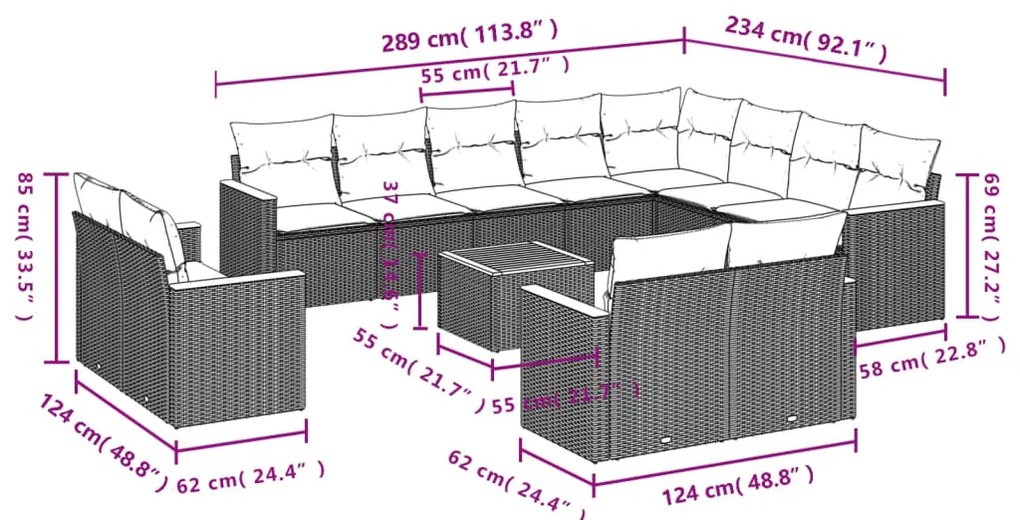 13 pcs conjunto de sofás de jardim com almofadões vime PE preto
