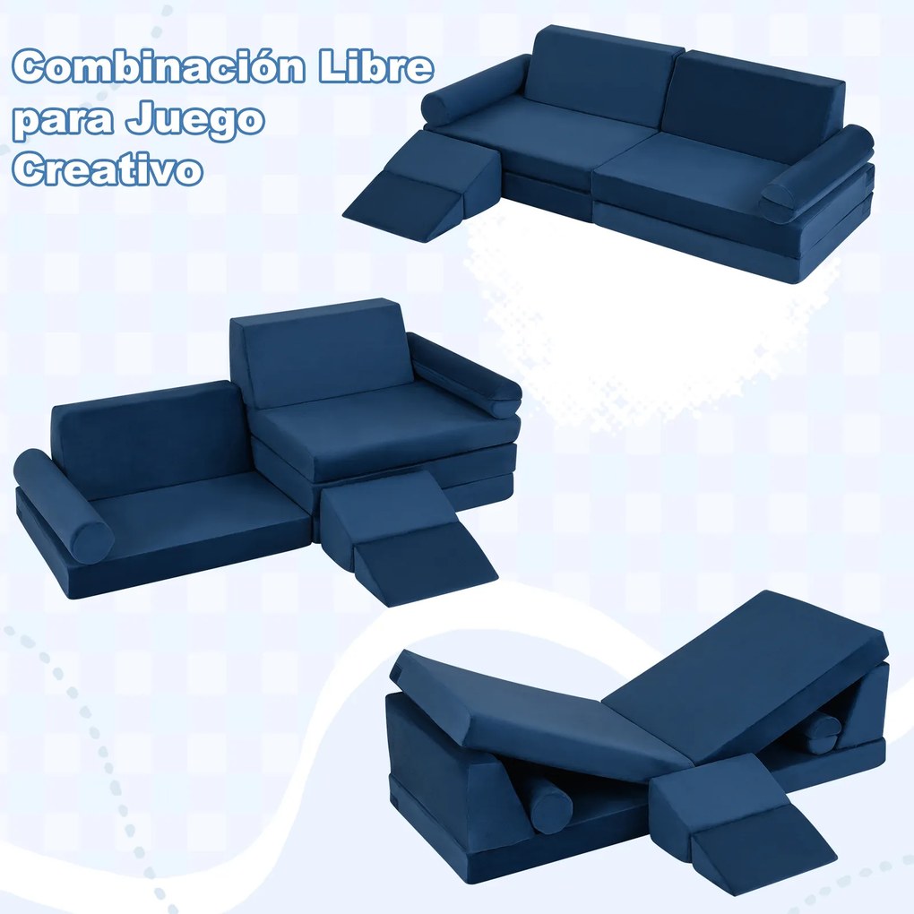 Sofá infantil modular de 10 peças 151 x 99 x 44 cm dobrável, com felpa macia e espuma elástica; capas com fechos de correr, laváveis na máquina, para