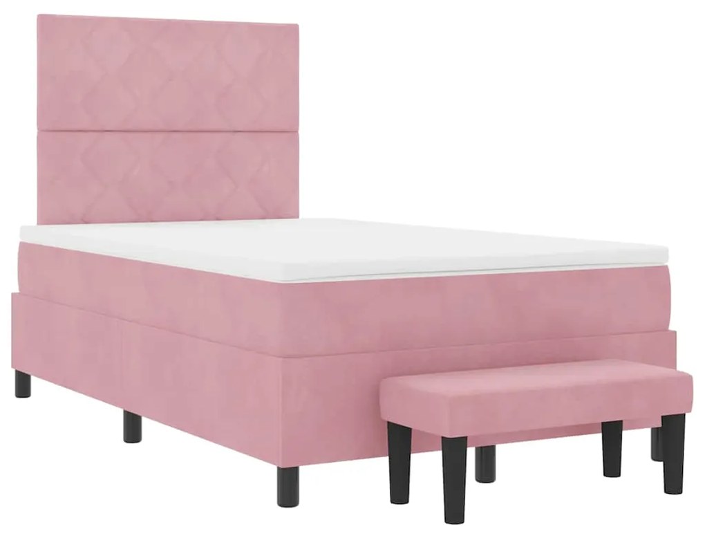 Cama Box Spring com Colchão e Banco em Veludo Rosa 120x190 cm