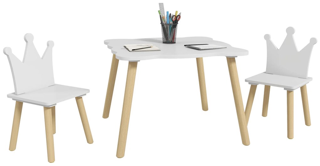 Mesa Infantil com 2 Cadeiras com Encosto em Forma de Coroa para Crianças de 3-6 Anos para Sala de Jogos Dormitório Branco