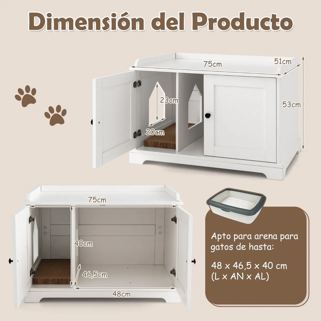 Mesa auxiliar para caixa areia gatos (NÂO INCLUIDA) 75 x 51 x 53 cm com divisória ajustável e tabuleiro para arranhar Branca