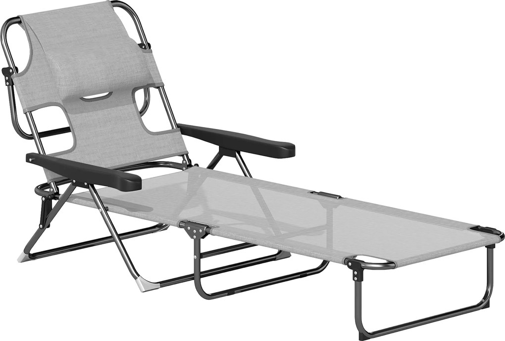 Outsunny Espreguiçadeira Dobrável Encosto Ajustável Orifício de Leitura Almofada de Apoio e Braços Carga 120 kg 145x72x89 cm Cinzento Escuro | Aosom Portugal