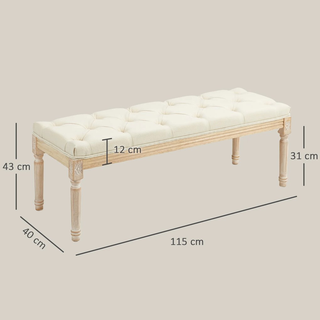Banco aos Pés da Cama Capitonê, 115 x 40 x 43 cm, Revestimento com Aspeto de Linho, Creme