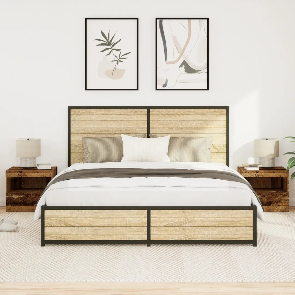 Camas de Cabeceira vidaXL com Luzes LED 2 pcs Madeira Antiga 50x40x45 cm