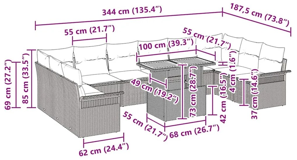 Conjunto de Jantar para Jardim com 11 Peças e Almofadas de Rattan Sint