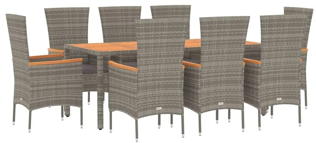 9 pcs conjunto de jantar p/ jardim c/ almofadões vime PE cinza