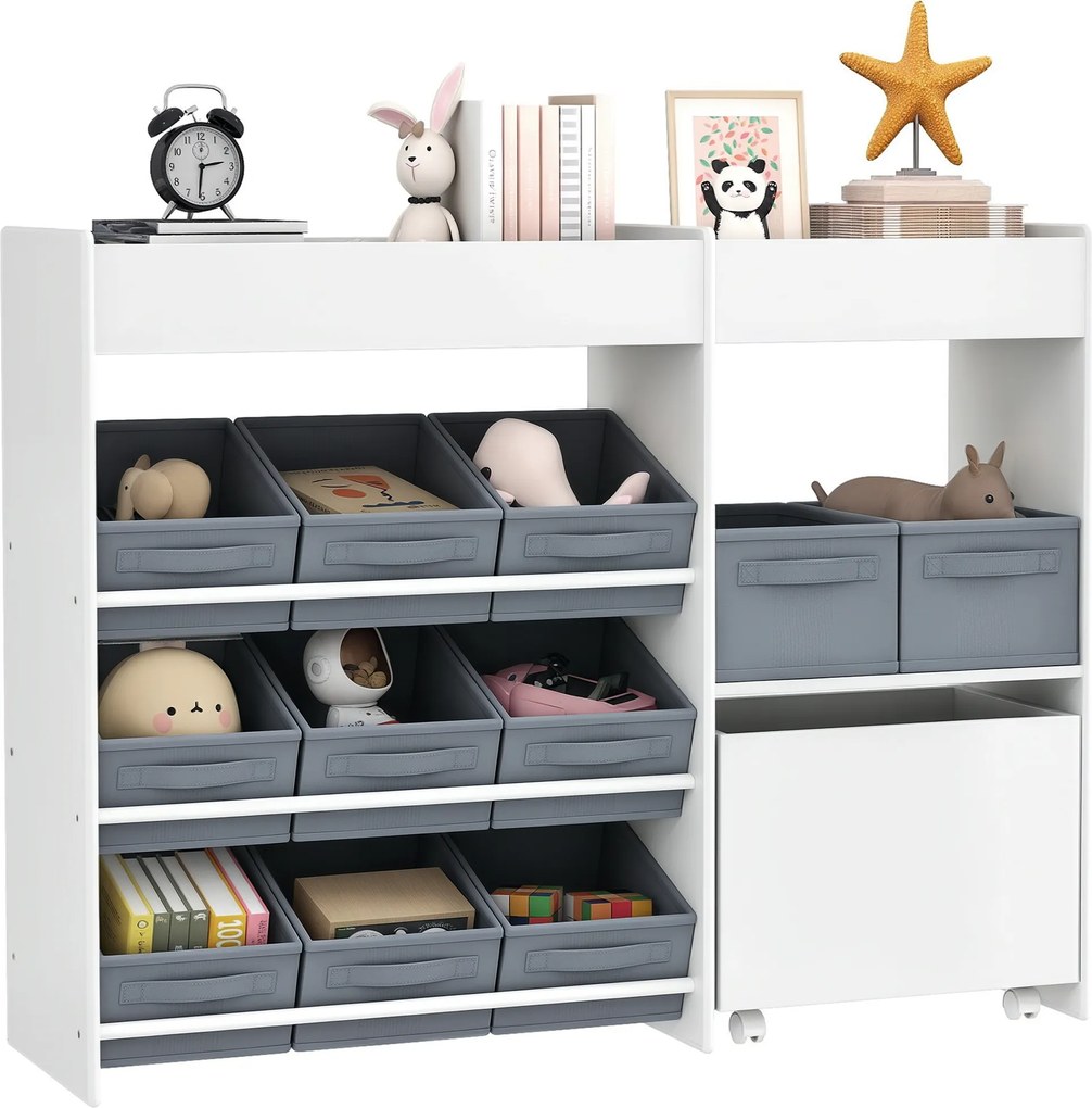 Estante para brinquedos infantis e livros 105 x 30 x 80 cm, com 11 caixas de arrumação em tecido não tecido, branca e cinza