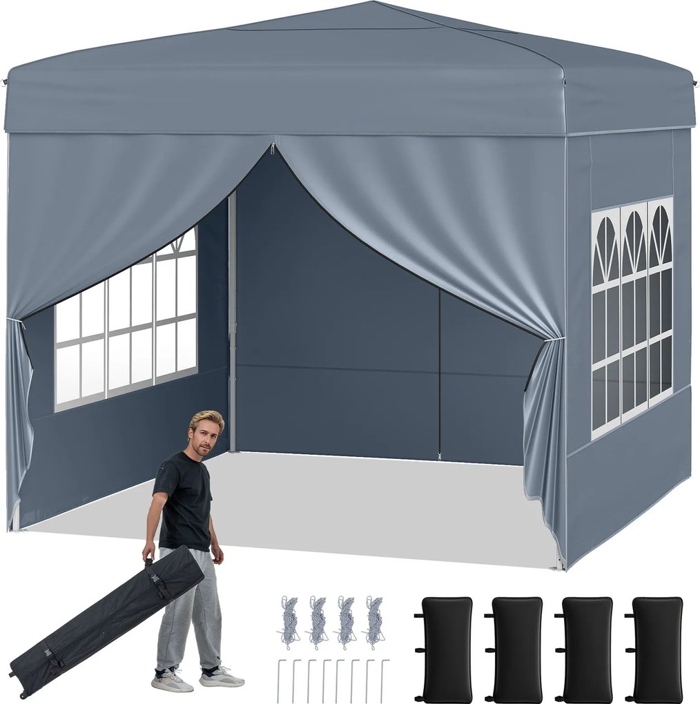 Tenda jardim, feiras, eventos Pop-up Dobrável 290 x 290 cm com 4 paredes laterais removíveis e altura ajustável - Cinza