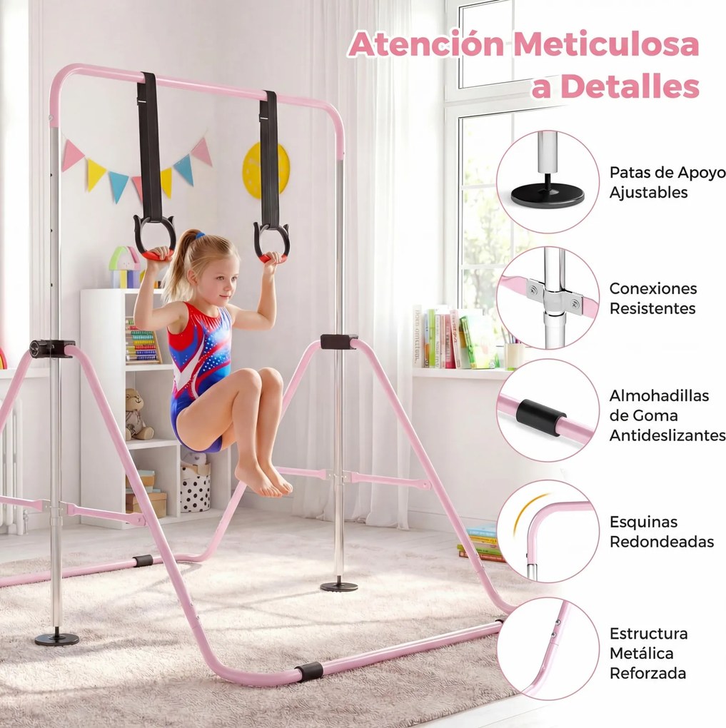 Barra de Ginástica para Crianças, 111,5 x 144,5 x 132 cm, Ajustável em 4 Níveis de Altura, Cor-de-rosa