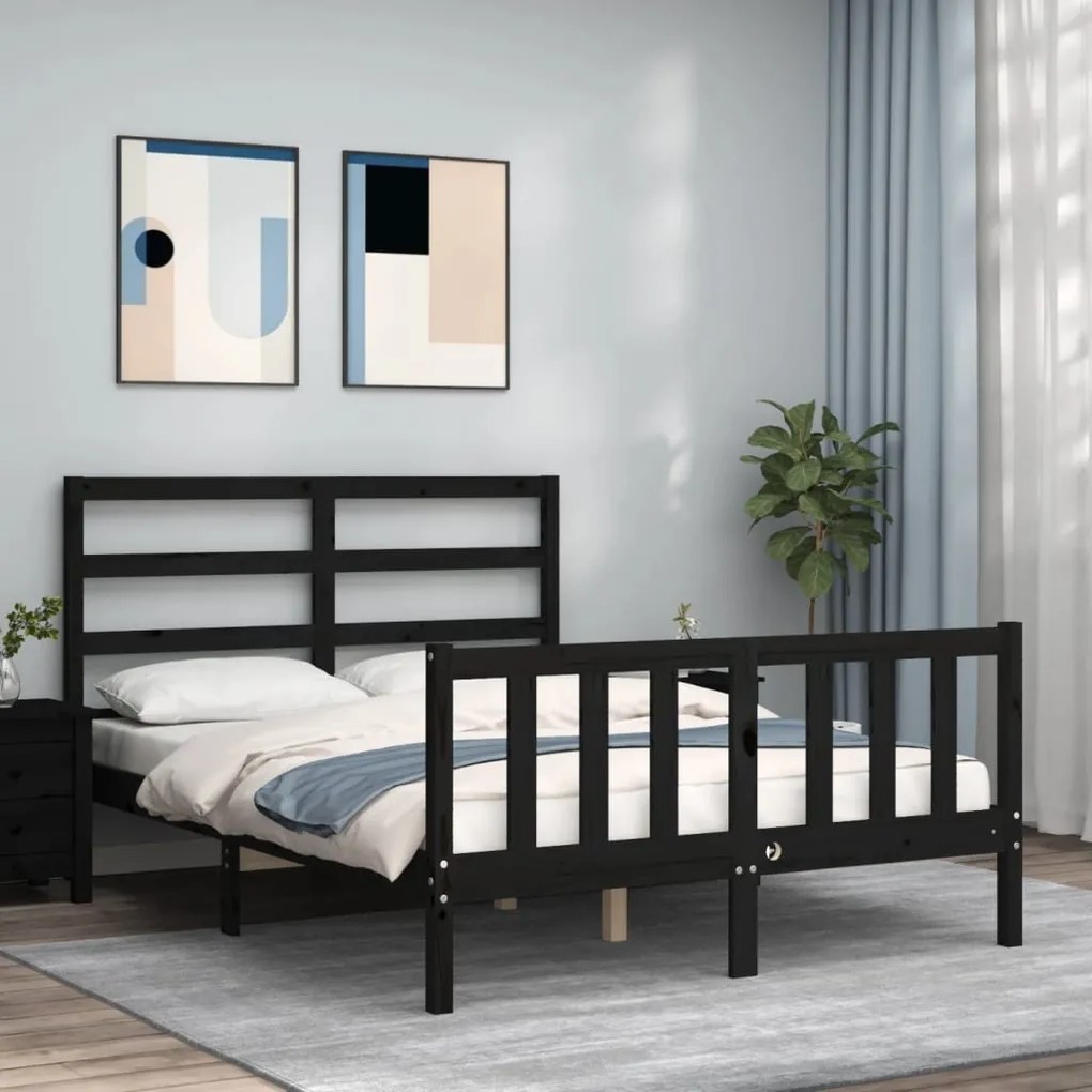 vidaXL Estrutura de cama com cabeceira 140x190 cm madeira maciça preto