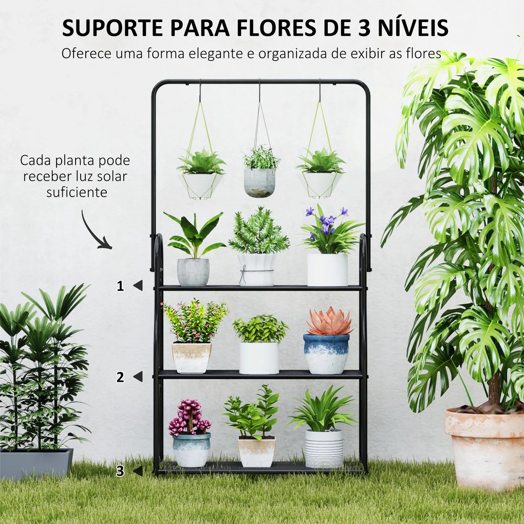 Suporte para Plantas de 3 Níveis Suporte para Vasos de Plantas com Ganchos de Metal Barra para Pendurar 75x25x137 cm Preto
