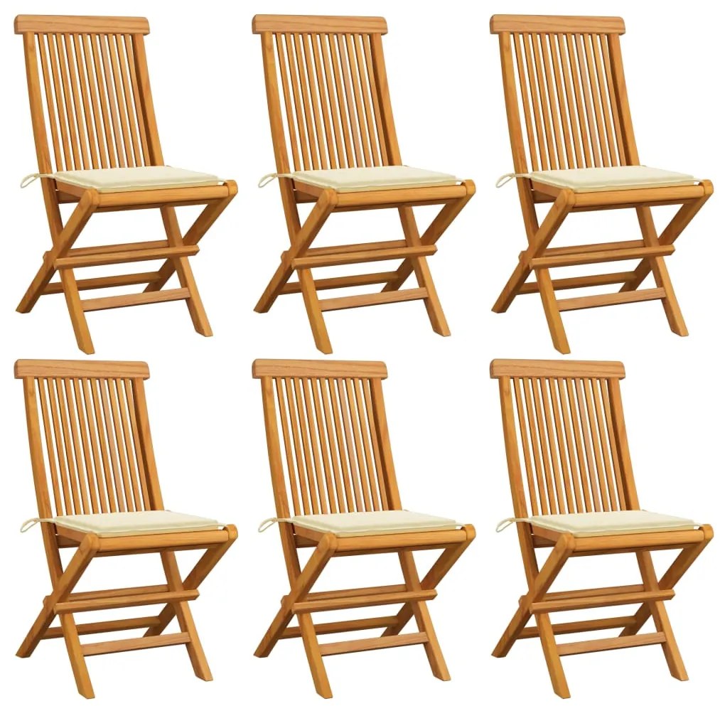 vidaXL Cadeiras de jardim c/ almofadões creme 6 pcs teca maciça