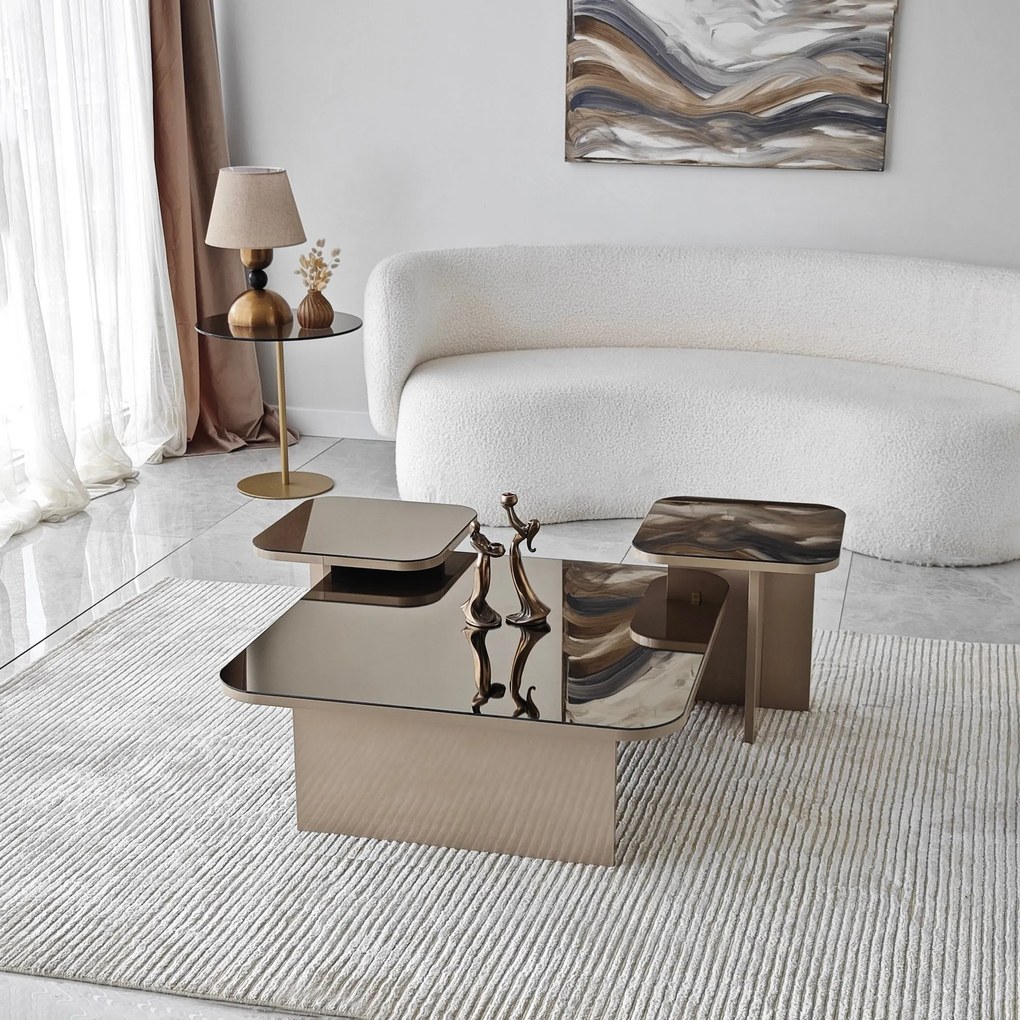Conjunto de Mesas de Centro Jazz – Bege e Bronze – 80x30x80 cm, 40x35x