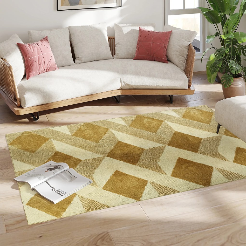 Tapete Sala de Estar 170x120 cm Tapete Lavável na Máquina de Lavar Pelo Curto Estilo Moderno Creme e Castanho Claro