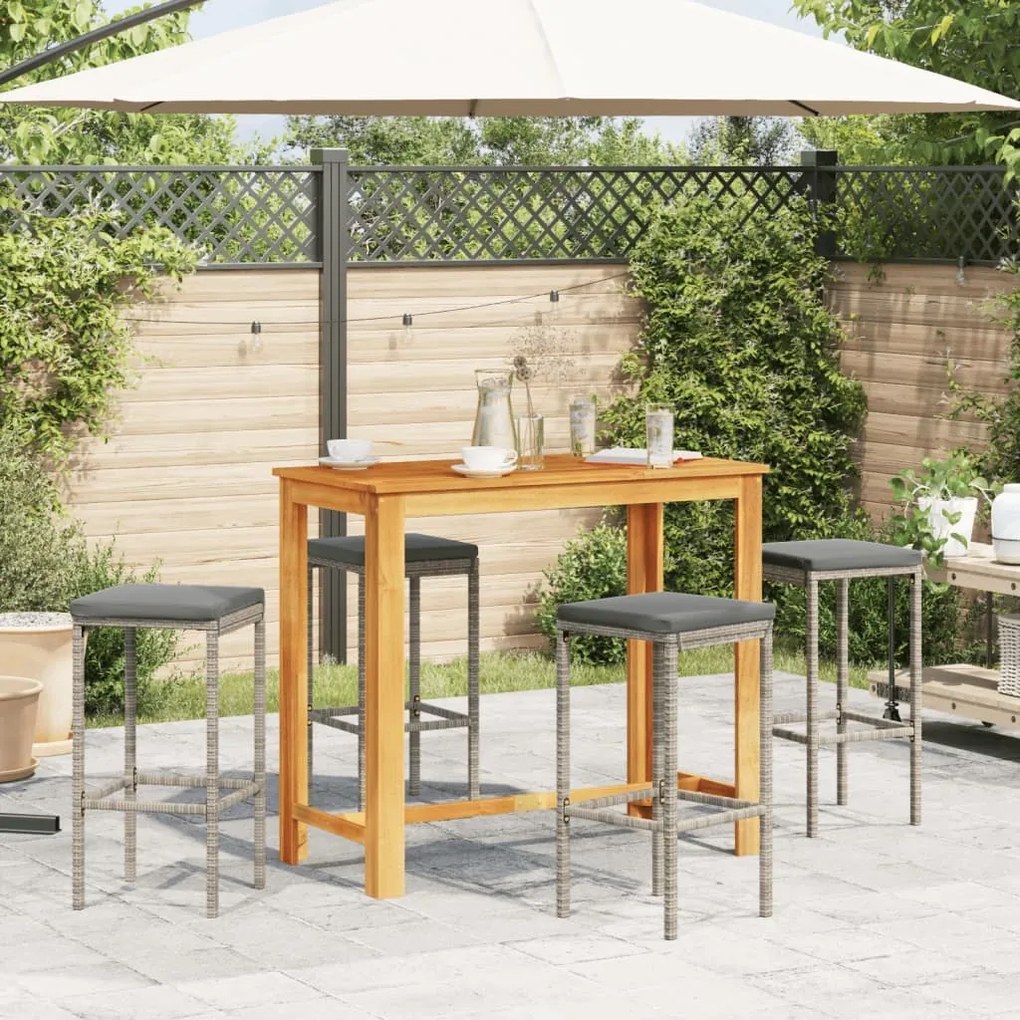 5 pcs conjunto de bar p/ jardim acácia maciça/vime PE cinzento