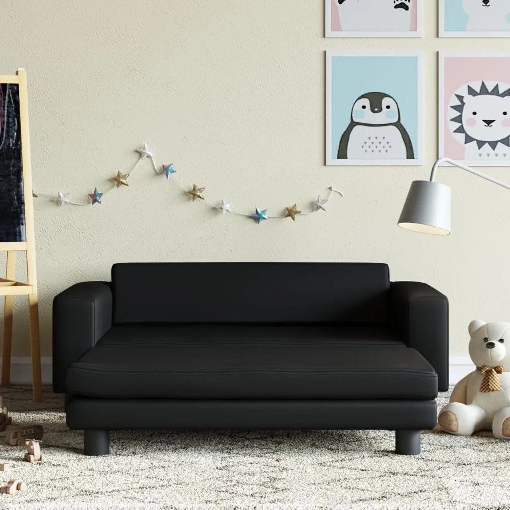 3196414 vidaXL Sofá infantil c/ apoio pés 100x50x30 cm couro artificial preto
