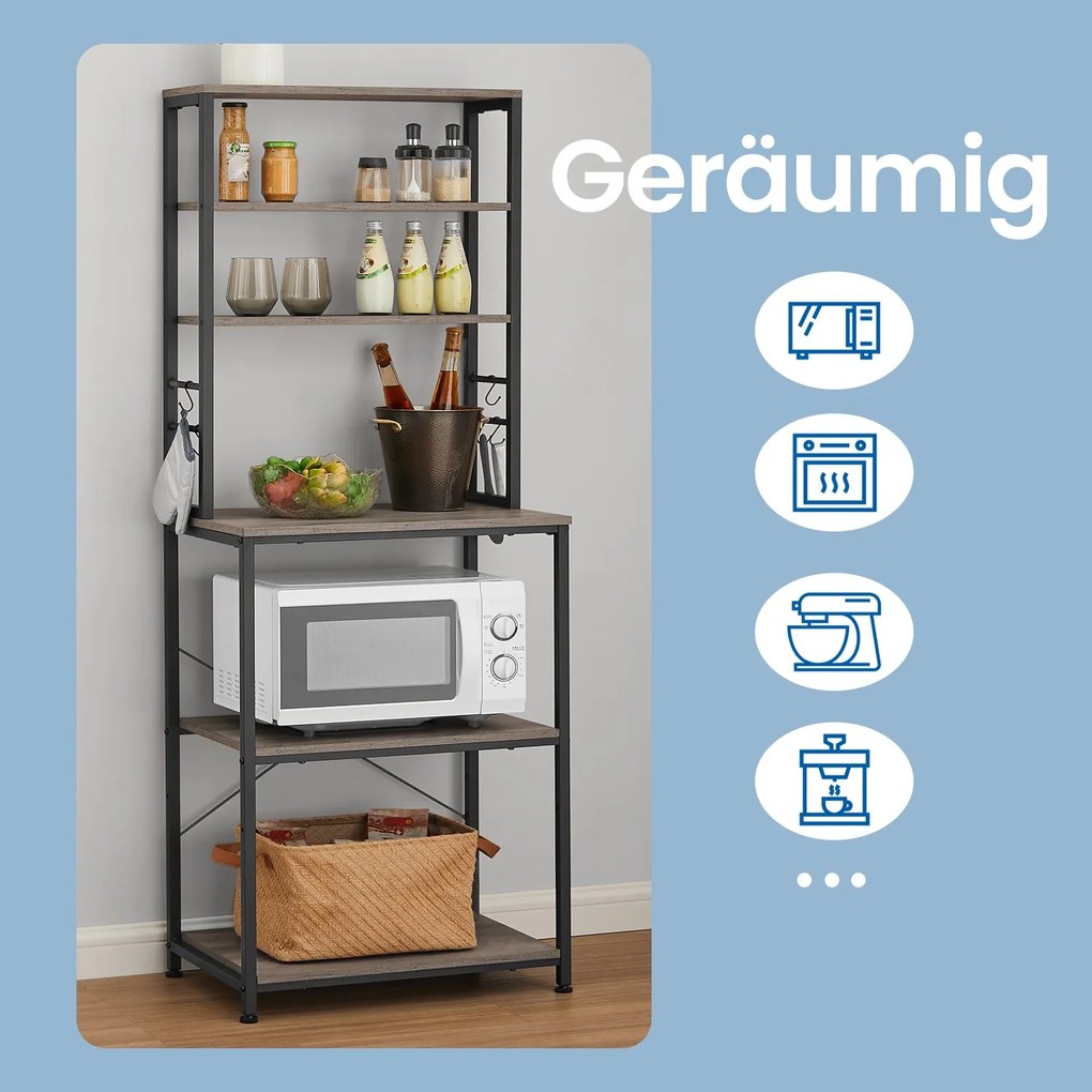 Estante de cozinha com 6 prateleiras e 6 ganchos 40 x 60 x 167 cm cinza + preto