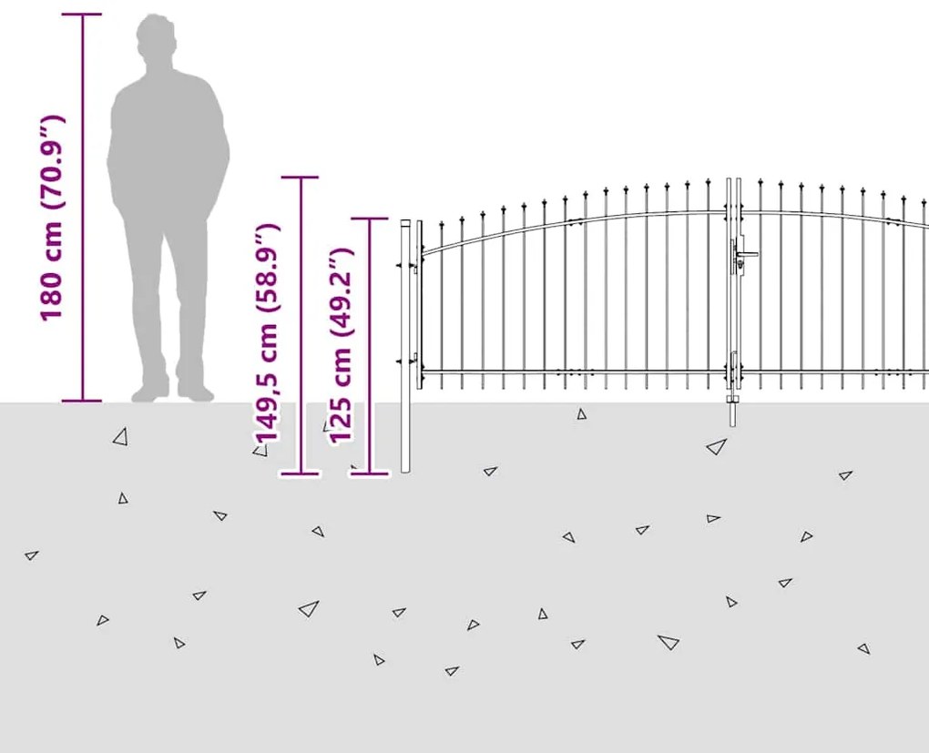 Portão de Jardim com Ponta de Lança de Dupla Abertura Cinza 100x400 cm