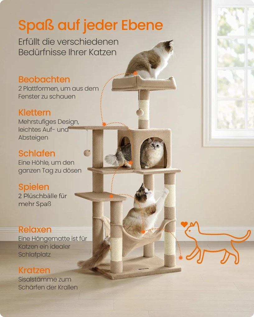 Arranhador Gatos para arranhar 55 x 45 x 137,7 cm e 4 colunas para arranhar, cor castanho-camelo