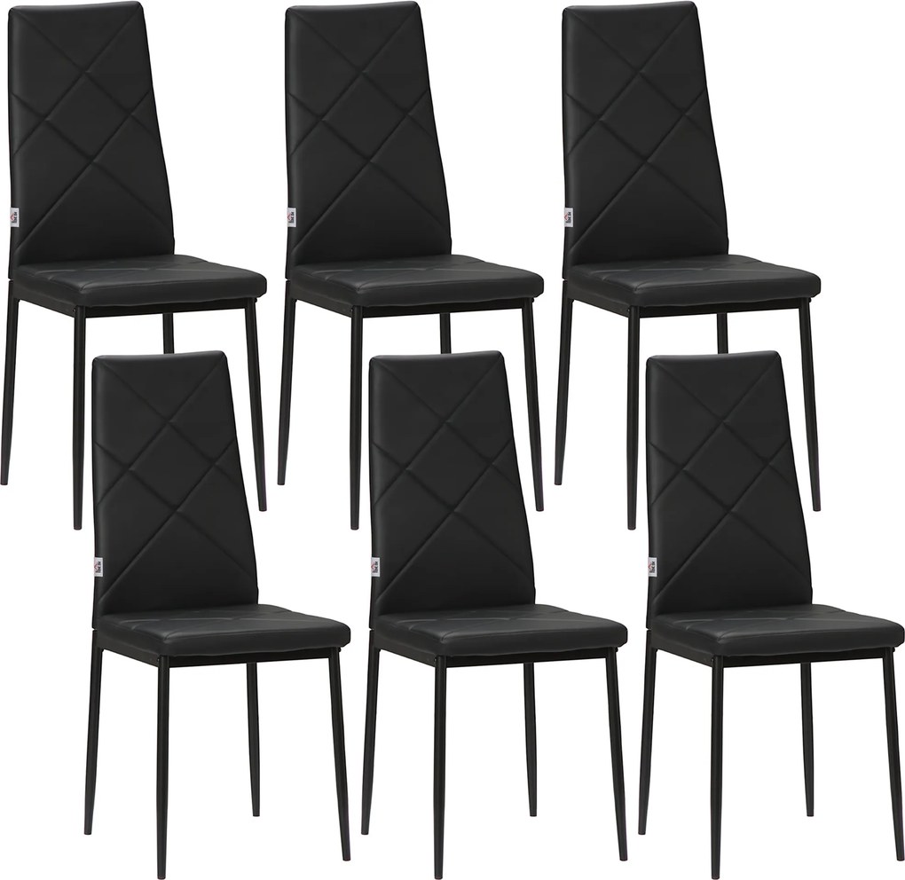 HOMCOM Conjunto de 6 Cadeiras de Sala de Jantar Estofadas em Couro Sintético com Encosto Alto e Pés de Aço 41x50x97 cm Preto | Aosom Portugal