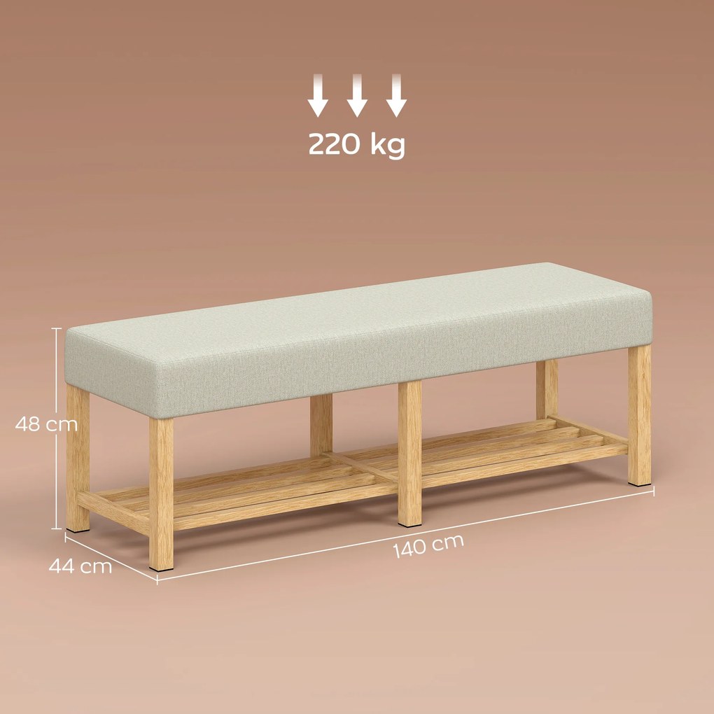 Banco Sapateira com Assento Acolchoado para 2 Pessoas Prateleira Aberta Estrutura de Madeira 140x44x48 cm Creme e Madeira