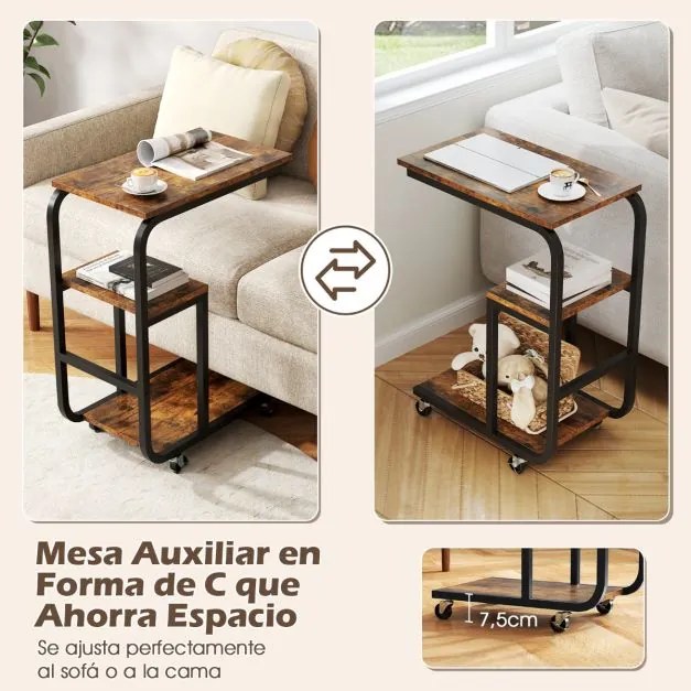 Mesa apoio em forma de C para sofá 53 x 30 x 70 cm com prateleiras abertas Mesa lateral industrial com rodas Castanho