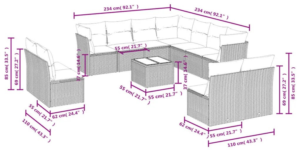 12 pcs conjunto de sofás jardim com almofadões vime PE castanho