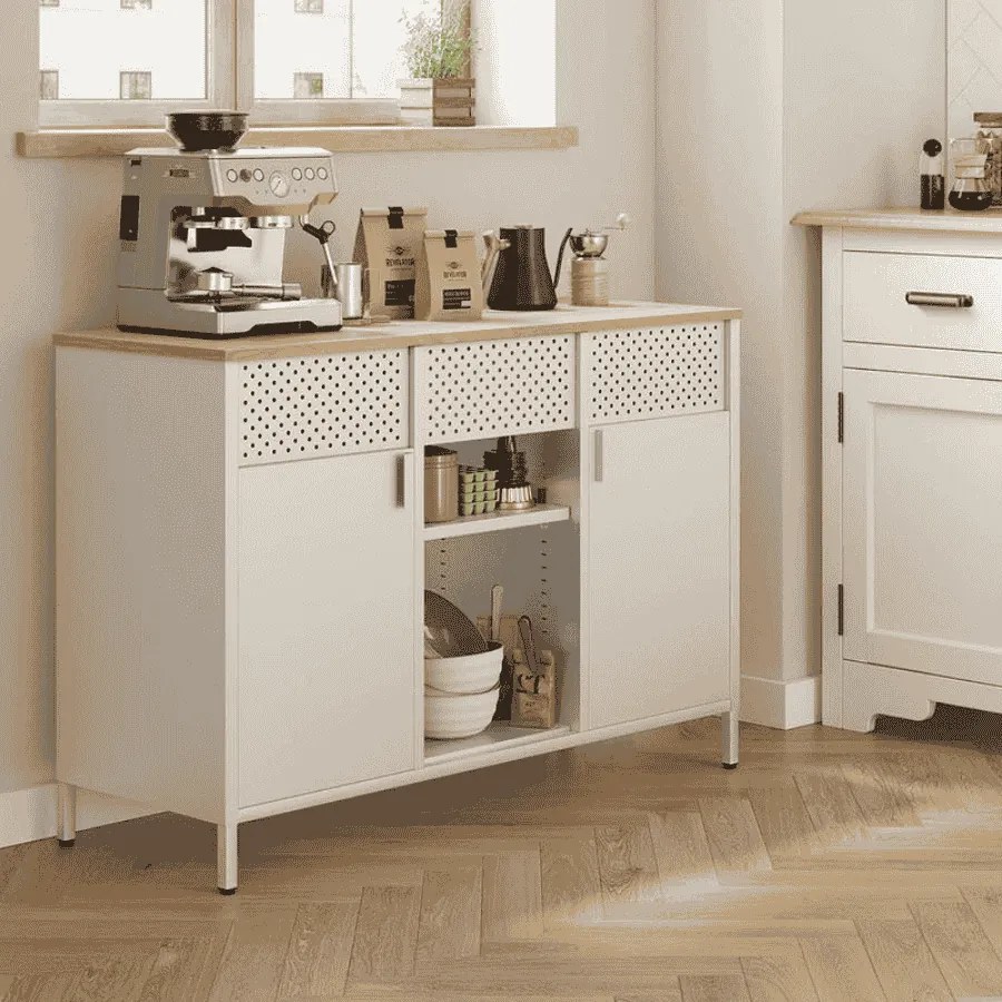 Armário metálico cozinha ou escritório 40 x 110 x 76 cm com prateleiras ajustáveis e fecho magnético bege areia-carvalho natural