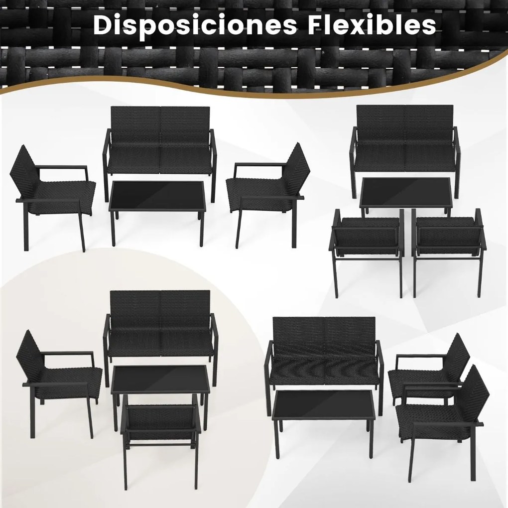 Conjunto de móveis jardim de 4 peças com estrutura metálica galvanizada robusta em vime Preto