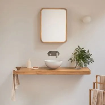 Conjunto De Móvel De Casa De Banho 130x45 Cm Suspenso Em Madeira De Teca Neill Madeira De Teca & Cerâmica Branca Redonda Ø30 Cm - Sklum