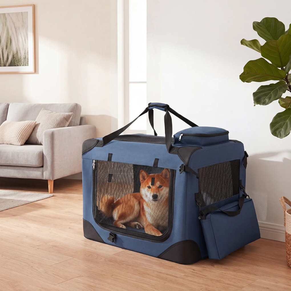 Transportadora dobrável tamanho M 72 x 52,5 x 52,5 cm para animais de estimação, com janelas de rede, 3 portas, cama felpuda e bolsos removíveis, para