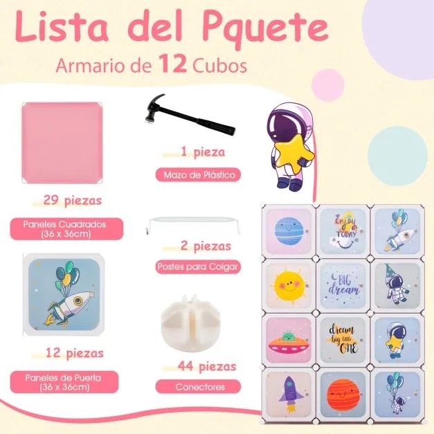 Guarda roupa Infantil de 12 Cubos para Bebéscom 2 secções para pendurar 107 x 36 x 142 cm Rosa