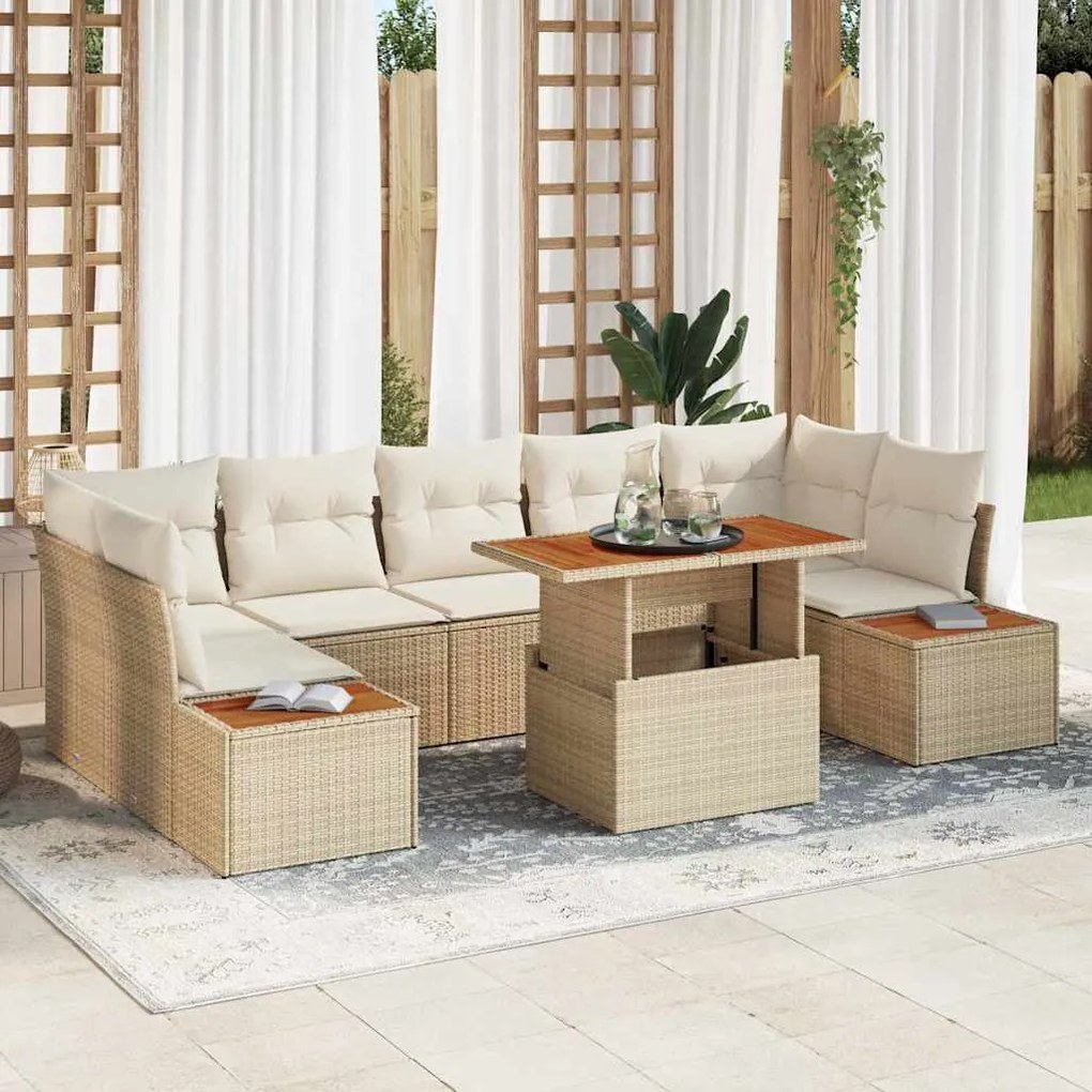 vidaXL Conjunto de Jantar de Jardim de 8 Peças com Almofadas de Rattan Sintético Bege Acácia