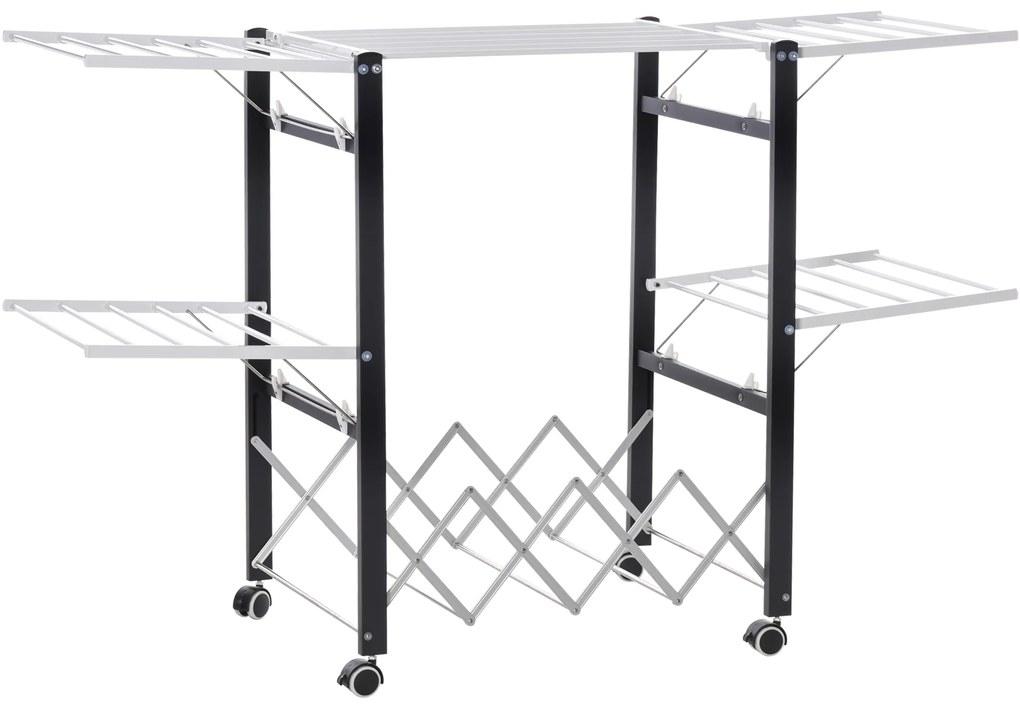 HOMCOM Estendal de Roupa Dobrável de Alumínio Móvel com 4 Alças Laterais Prateleira para Sapatos 4 Rodas com Freios 157,5x54x101cm Branco