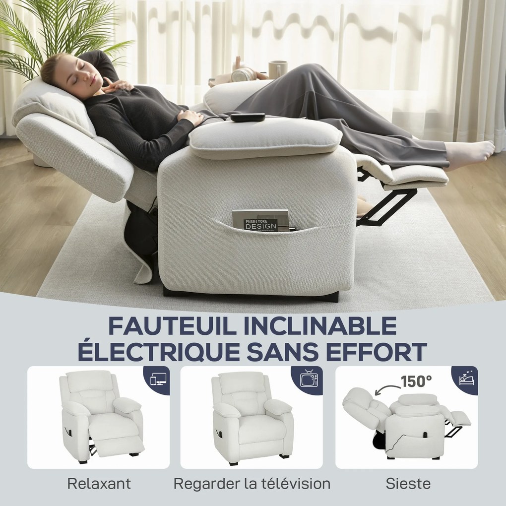 Poltrona relax elétrica, reclinável, com porta USB, apoio para os pés, bolsos laterais e comando à distância, 86x90x103 cm, cor creme